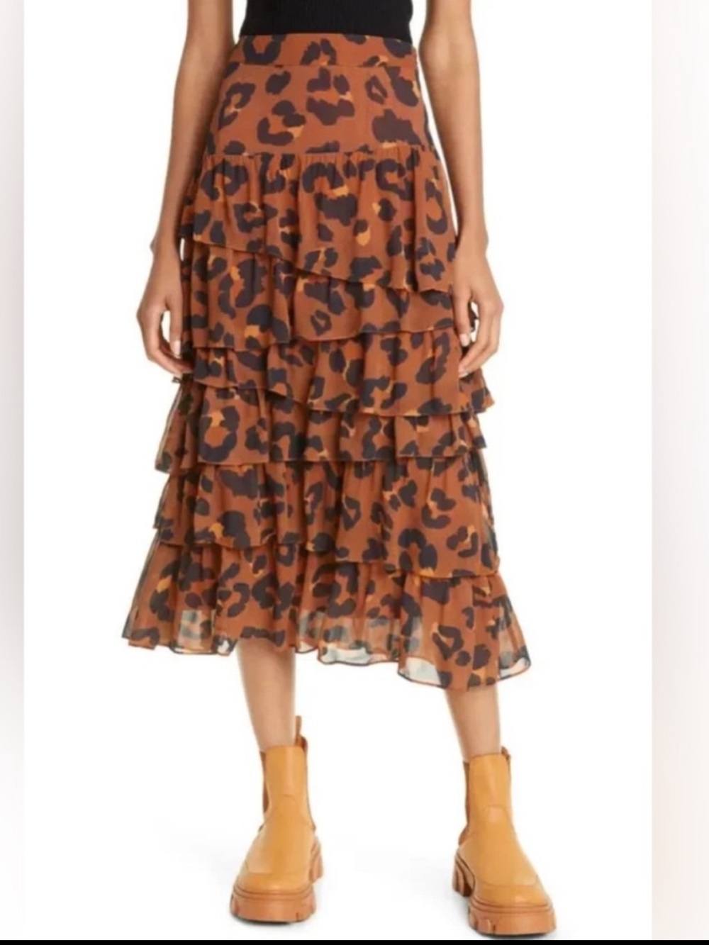 Farm Rio Leopard Caramel Ruffle Tiered Maxi Skirt Sz Small